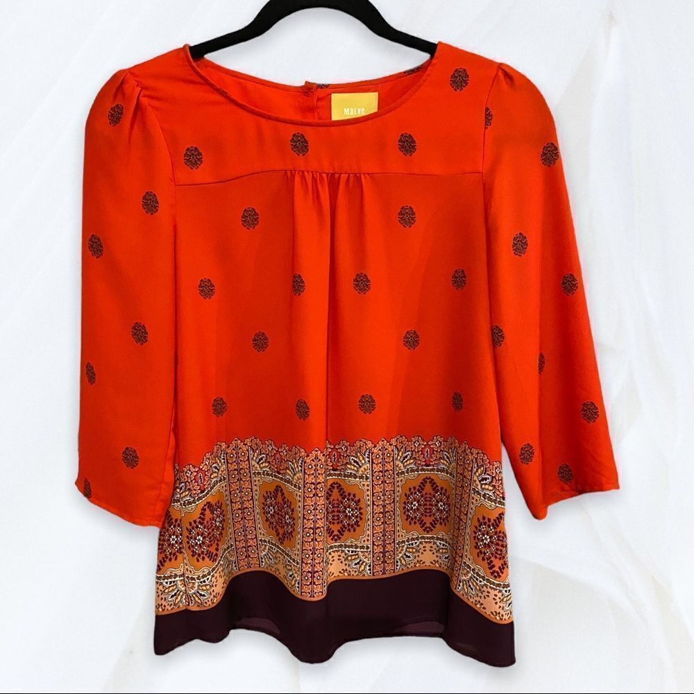 Red Boho Pattern Three Quarter Sleeve Blouse (2) Maeve